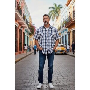 Wrangler Mens Western Plaid Short Sleeve Pearl Snap‎ Shirt Blue White Large